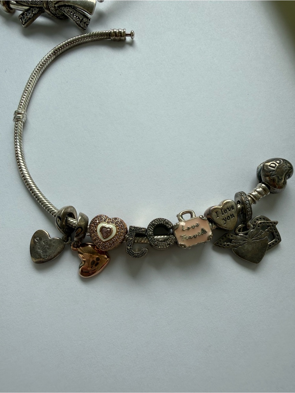 Pandora Sterling Silver Charm Bracelet with 8 Removable Charms Hearts, Butterfly
